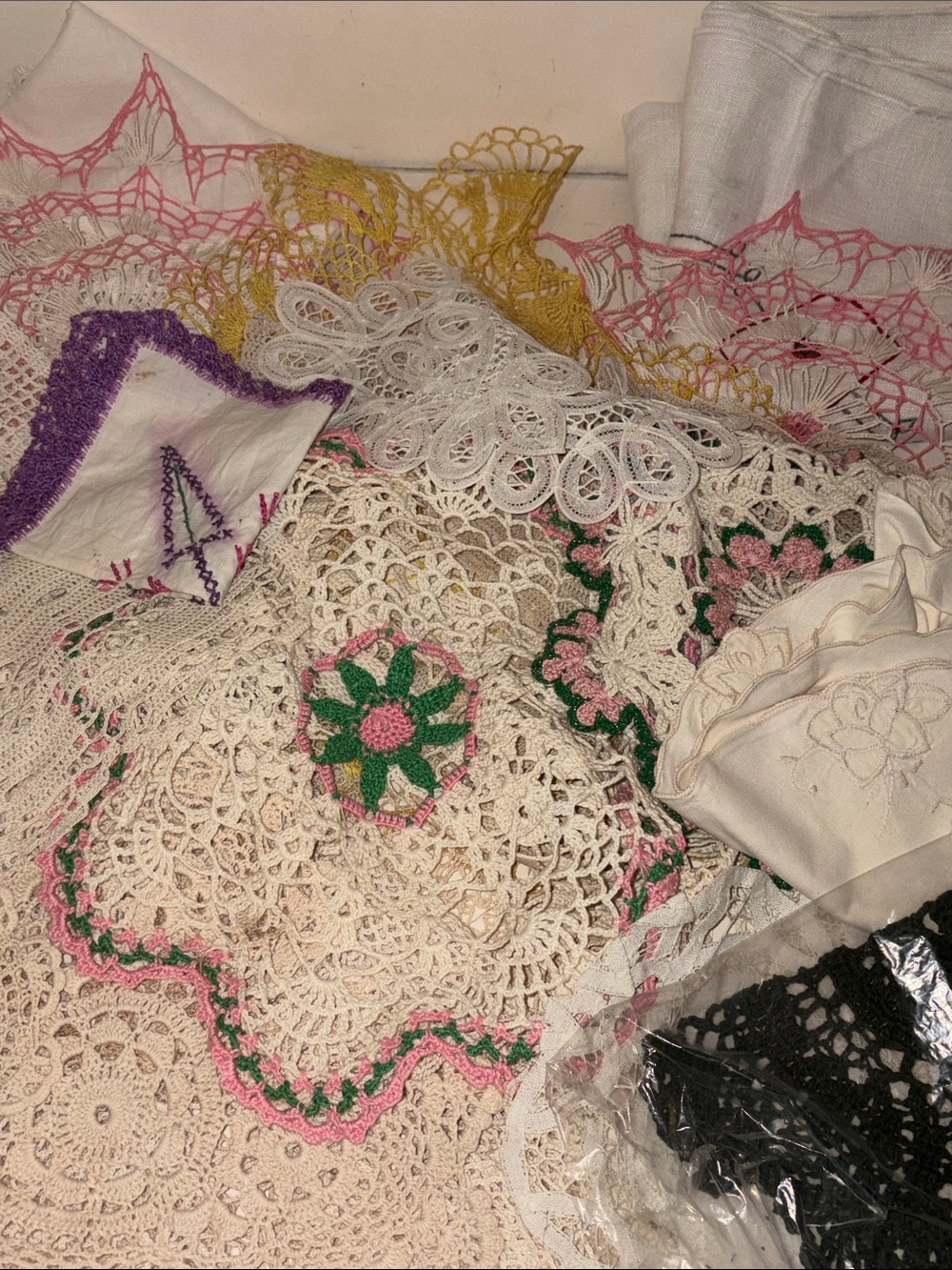 Vintage Fancy Work Large Lot Tablecloths Doilies Bread Warmer Tatted Crochet
